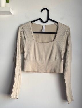 Aerie Offline Ribbed Long-Sleeve Cropped Top - Cream